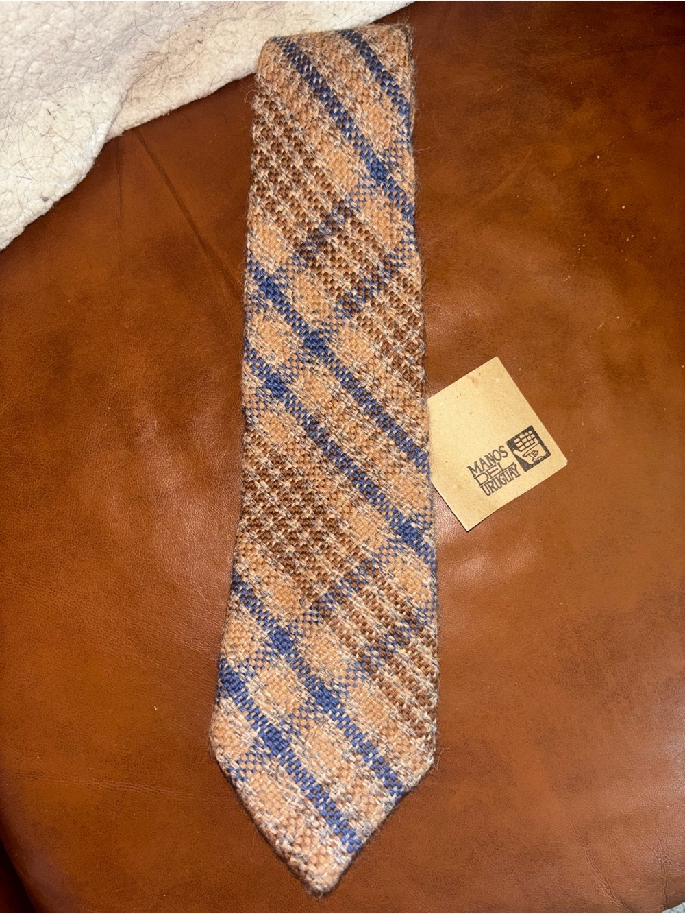 Manos del Uruguay Handwoven Wool Plaid Artisan Tie NWT Fair Trade Brown and Blue